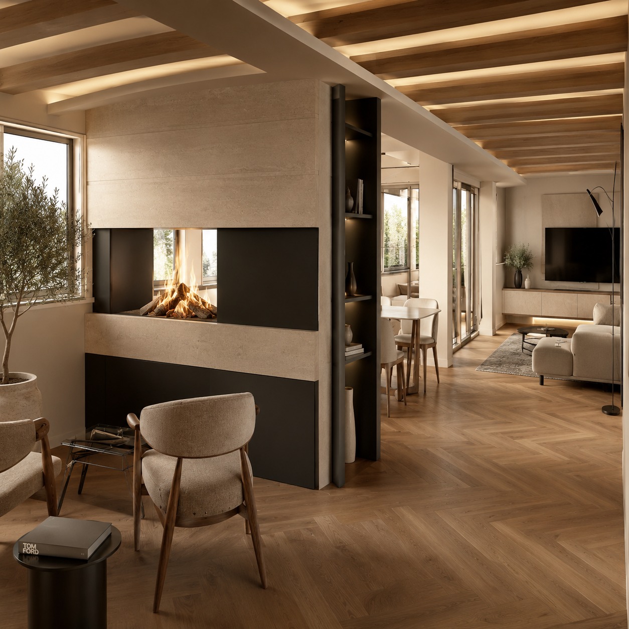 Zona giorno con camino a doppia vista, travi in legno, parquet a spina di pesce e open space su cucina e living