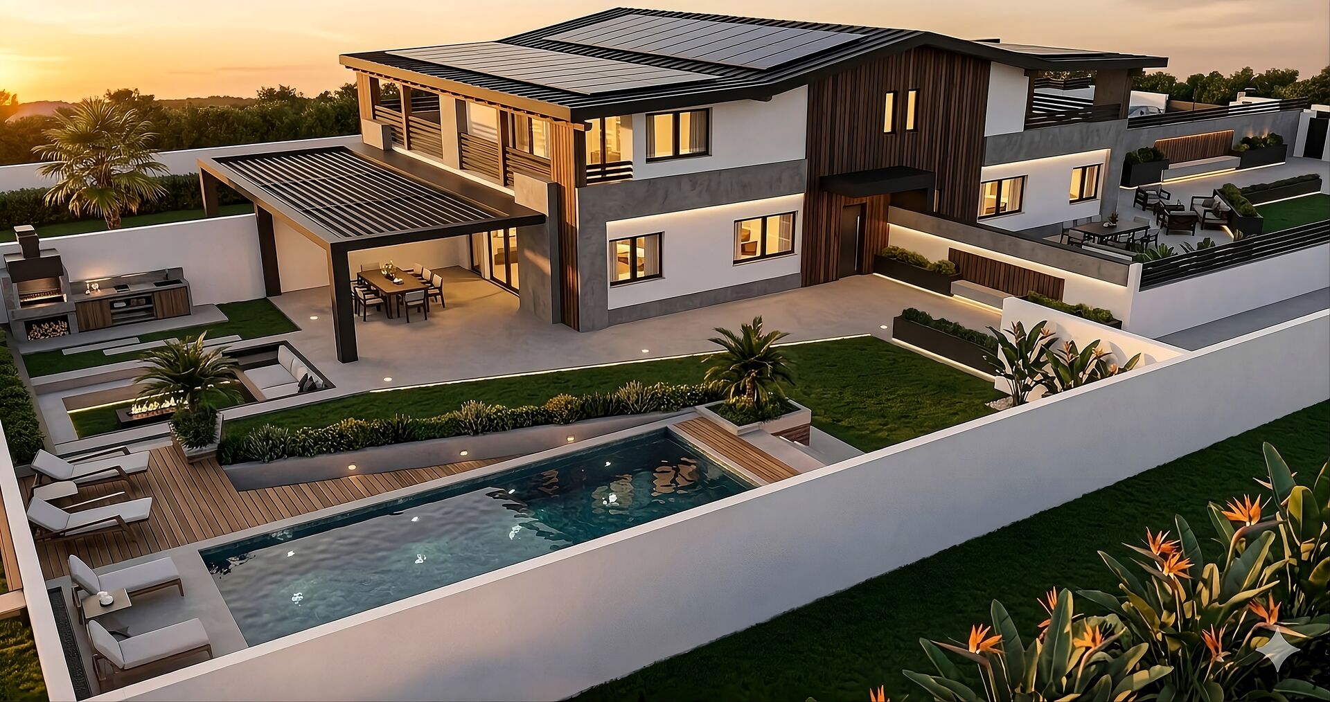 Render del villino Nova Biohouse al tramonto, con piscina privata, pergola e pannelli fotovoltaici integrati