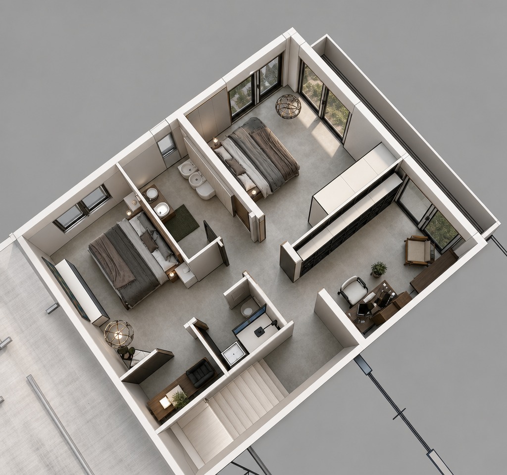 Vista 3D primo piano Taglia L — camera padronale, seconda camera e studio