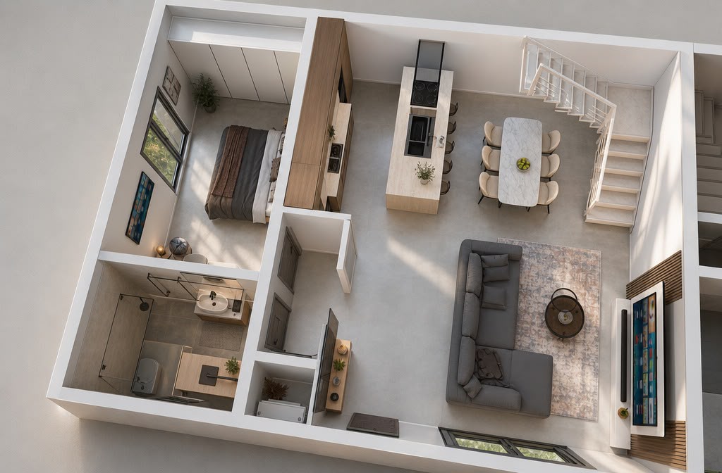 Vista 3D piano terra Taglia L — camera en suite, cucina isola, soggiorno