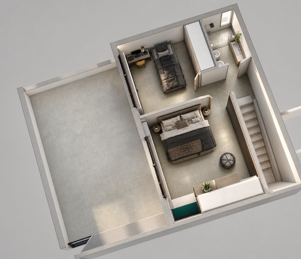 Vista 3D primo piano Taglia M — due camere e terrazza