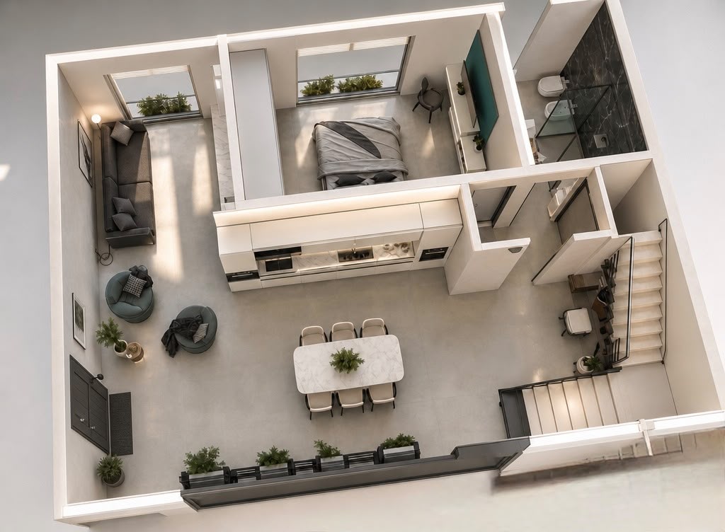 Vista 3D piano terra Taglia M — soggiorno, cucina a isola, zona pranzo